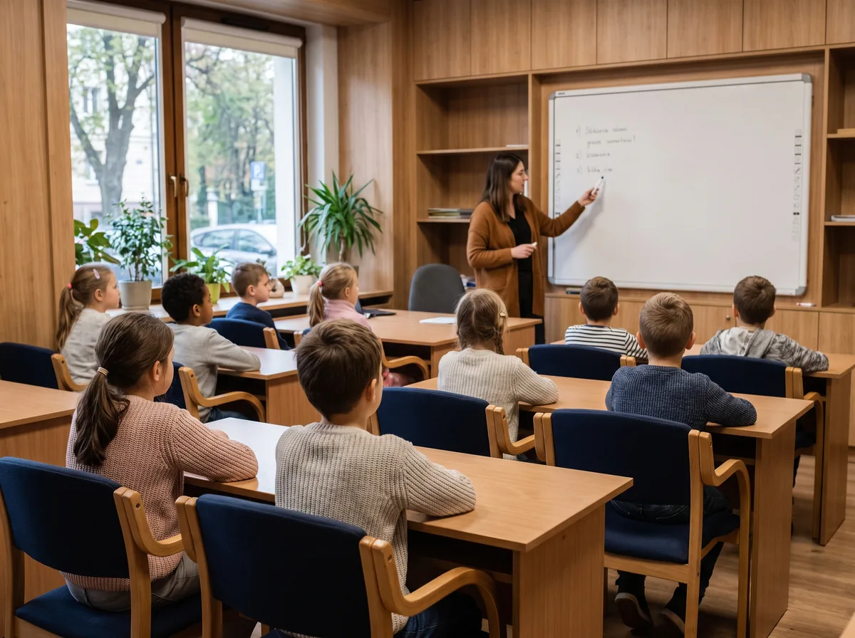 Mała klasa w niepublicznej szkole podstawowej, kilkanaścioro uczniów i nauczycielka